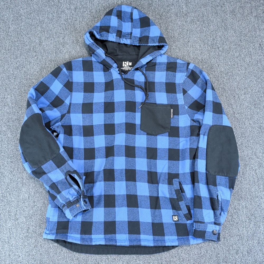 Routine Baseball Grunge Buffalo Plaid Hooded Flannel Shirt Mens Medium Blue